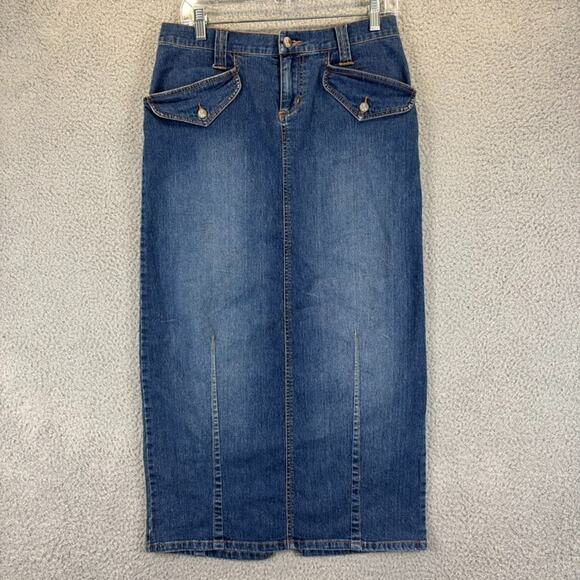 Y2k Denim Skirt Medium 30" Boho Retro 90s Stretchy Blue Denim Cotton Pockets - Picture 1 of 9
